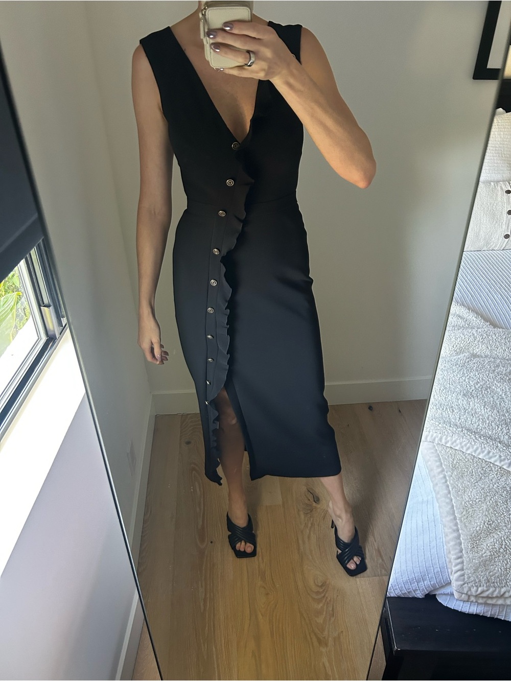 SALONI Black Sleeveless V-Neck Button Midi Dress
